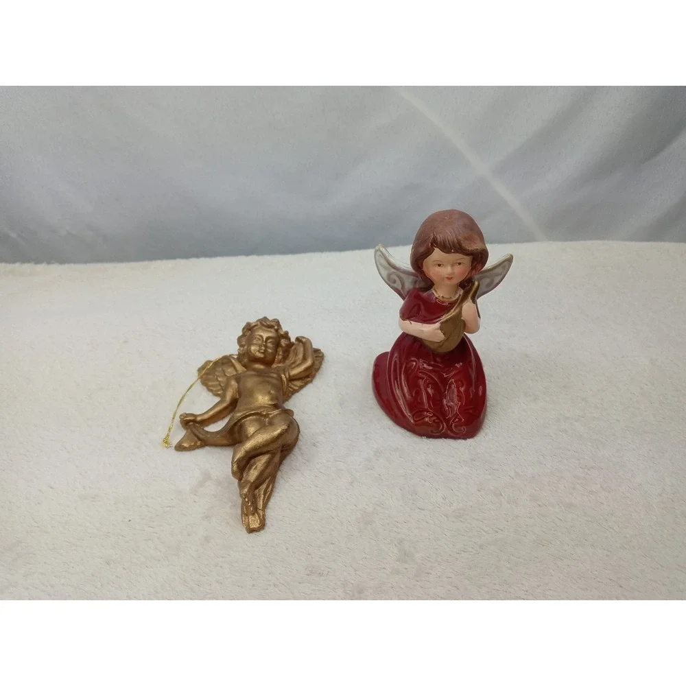 Angel Figurines Set of 2 Gold & Red Harp Hanging Christmas Holiday Decor‎